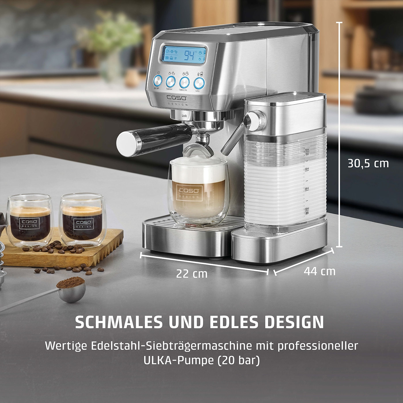 Espressomaschine mit Milchaufschäumer, 22cm breit, 30,5cm hoch, 44cm tief, Caso Design
