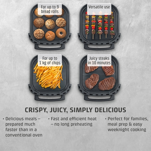 Grill with buns, skewers, fries, and steaks