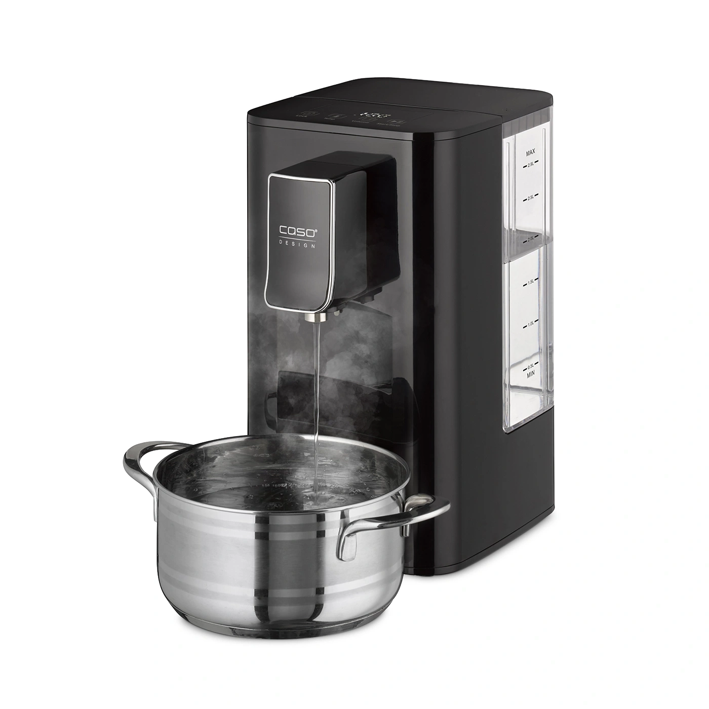 Black water boiler with pot, steam, and water level indicator
