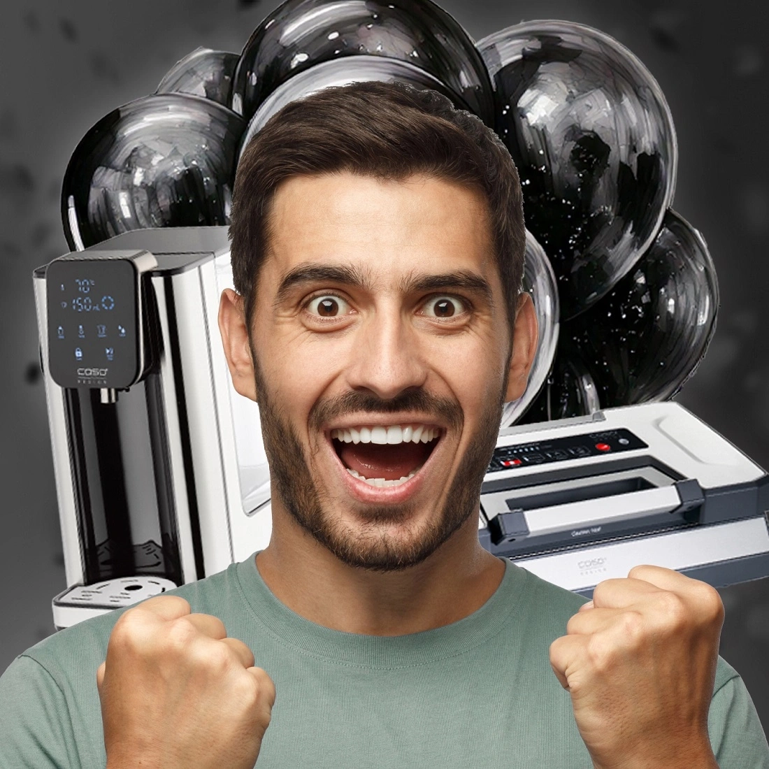 Excited man with products and balloons, happily surprised and celebrating