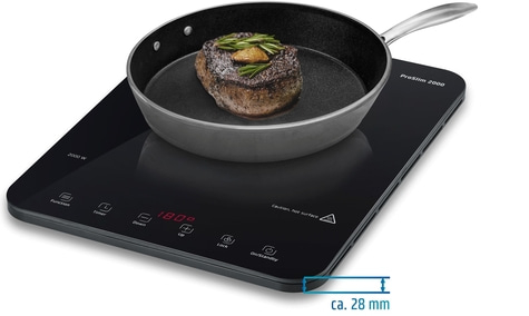 Induktionskochfeld mit Pfanne und Steak, Temperaturanzeige, ca. 28 mm hoch, ProSlim 2000