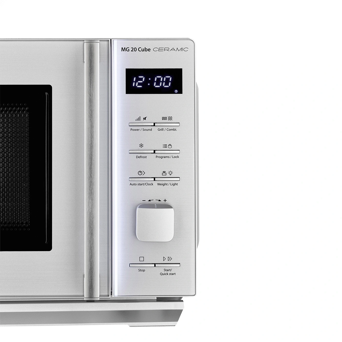 Microwave with control panel, time 12:00, features like defrost and start/quick start.