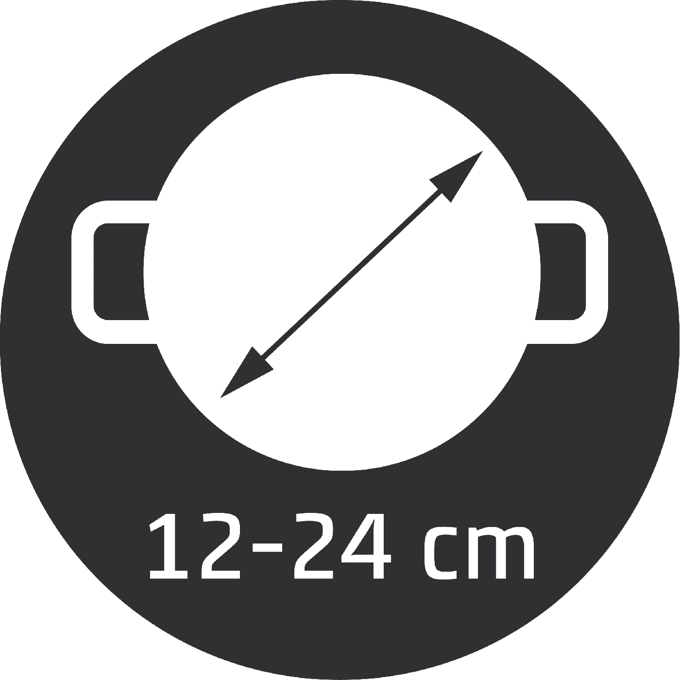 Kochtopf-Symbol mit Durchmesserangabe von 12-24 cm, ideal für Küchenutensilien.
