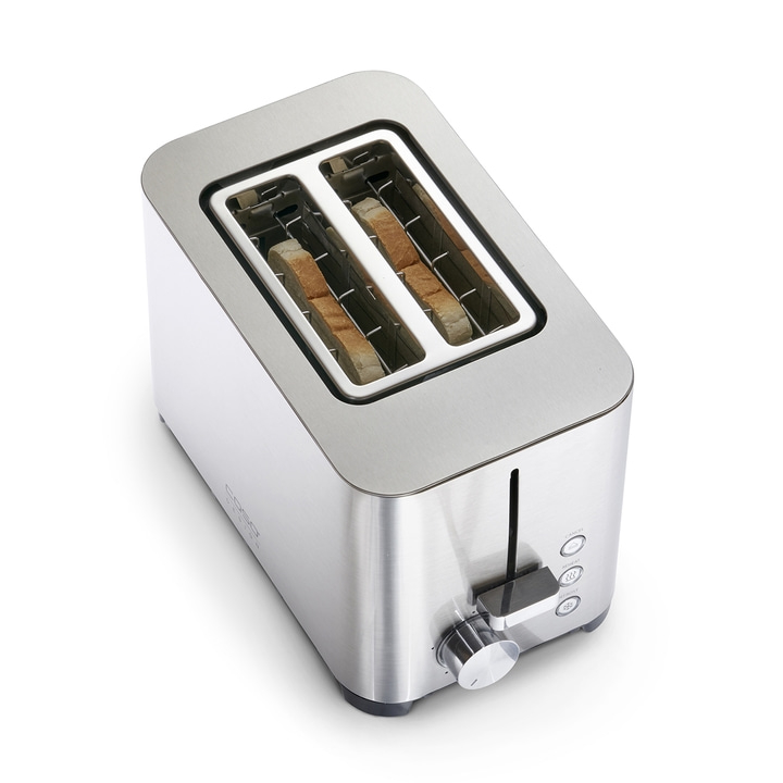 Silberner Toaster mit zwei Toastscheiben, Knöpfen und Drehregler.
