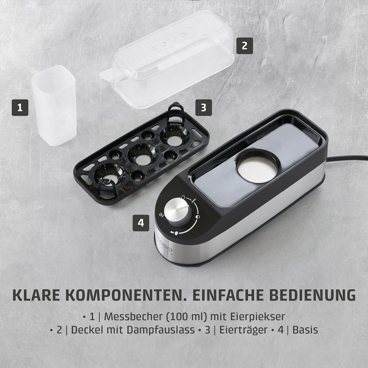 Ein Dampfgarer mit vier nummerierten Komponenten und deutscher Beschriftung.