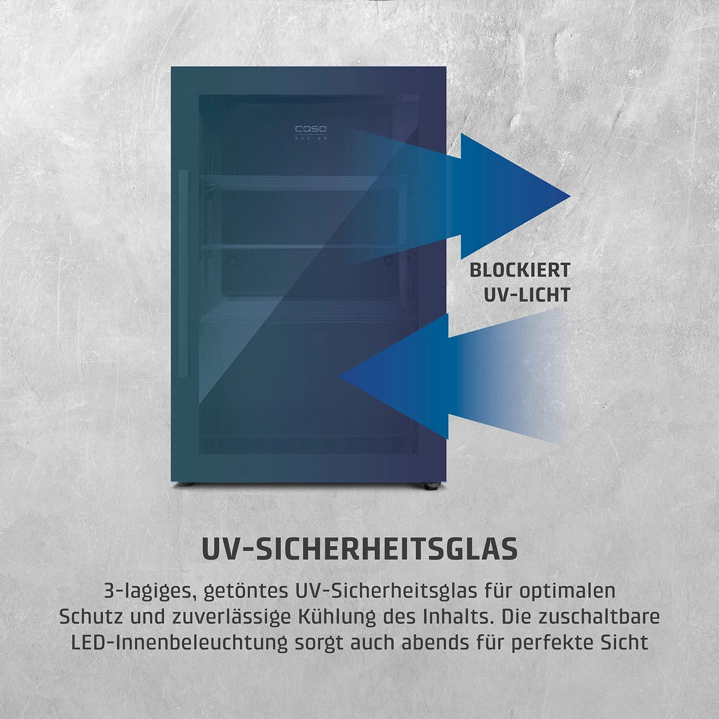 Kühlschrank mit UV-Schutzglas, blockiert UV-Licht, LED-Innenbeleuchtung, Caso Design.