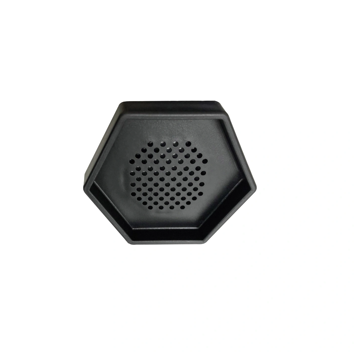 Black hexagonal object with holes isolated on a white background.