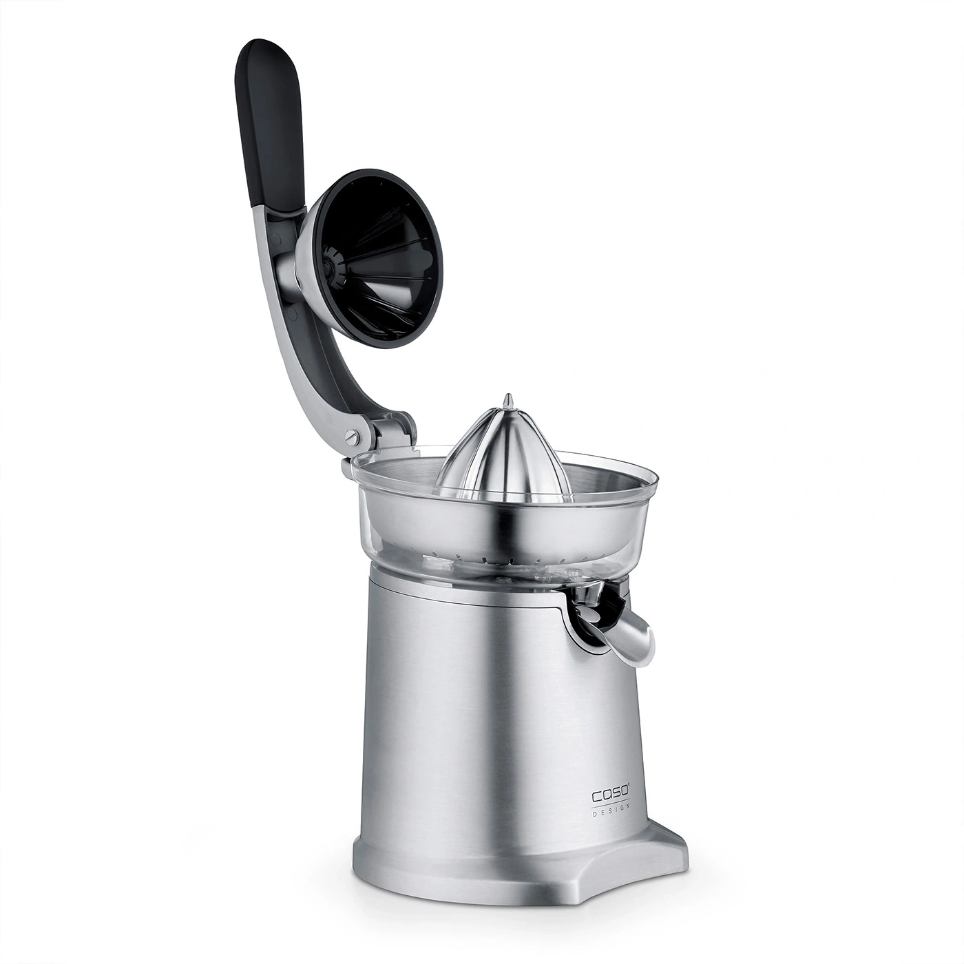 A silver electric citrus juicer machine with a black handle and a transparent container.