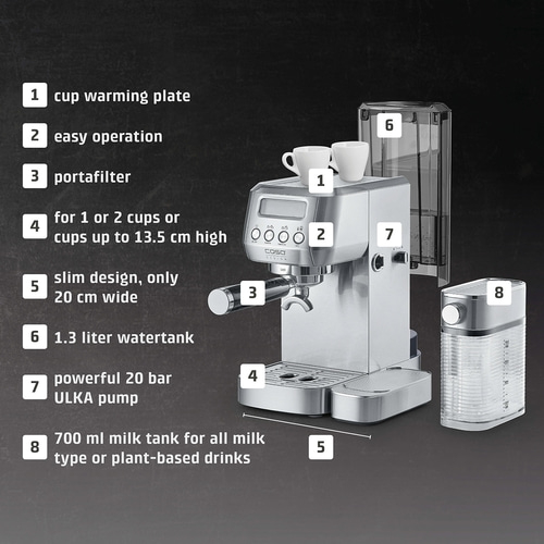 Espresso machine with features: warming plate, easy operation, portafilter, milk tank, and more.