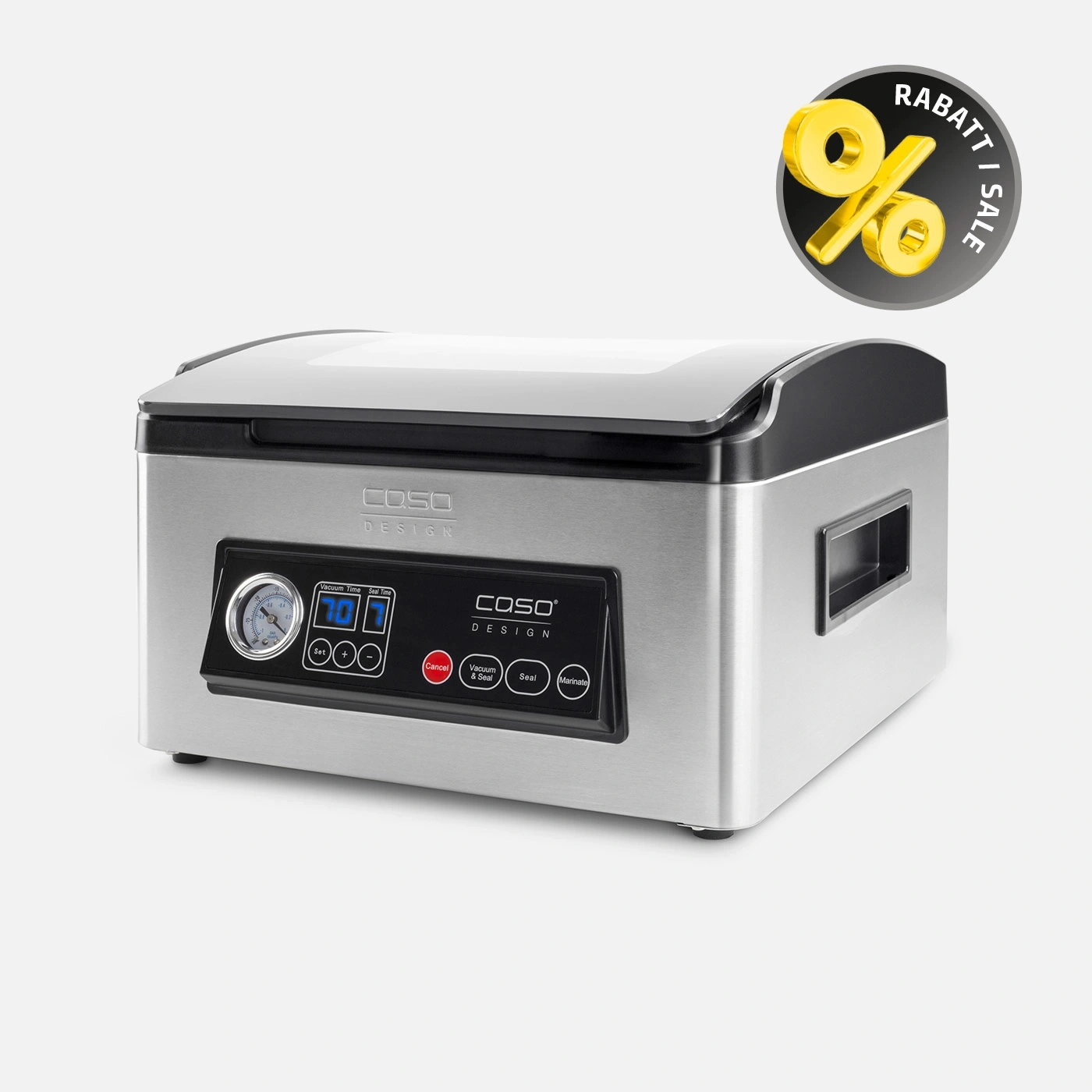 A vacuum sealer machine with a discount symbol in the background.