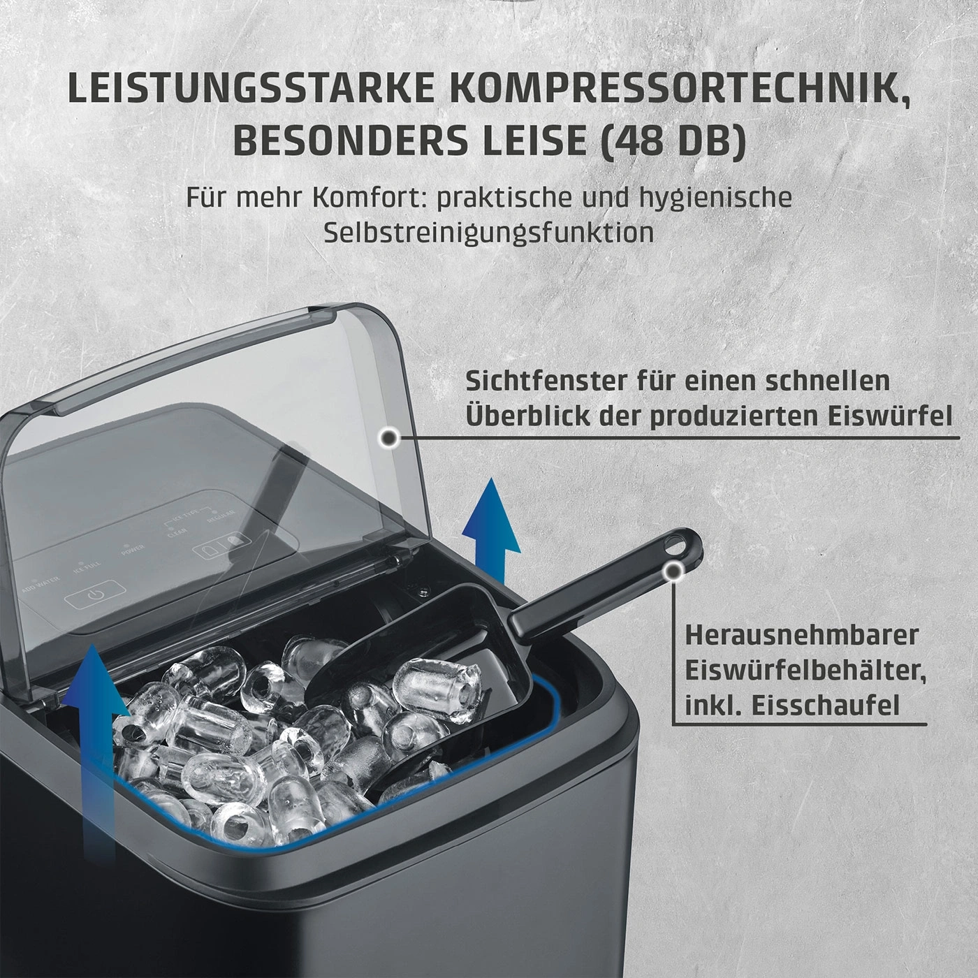 Eiswürfelmaschine mit herausnehmbarem Behälter und Schaufel