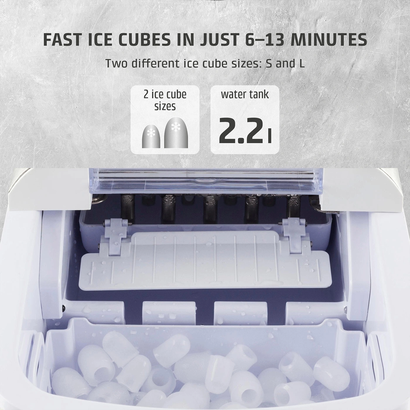 Ice maker with two ice cube sizes and 2.2L water tank
