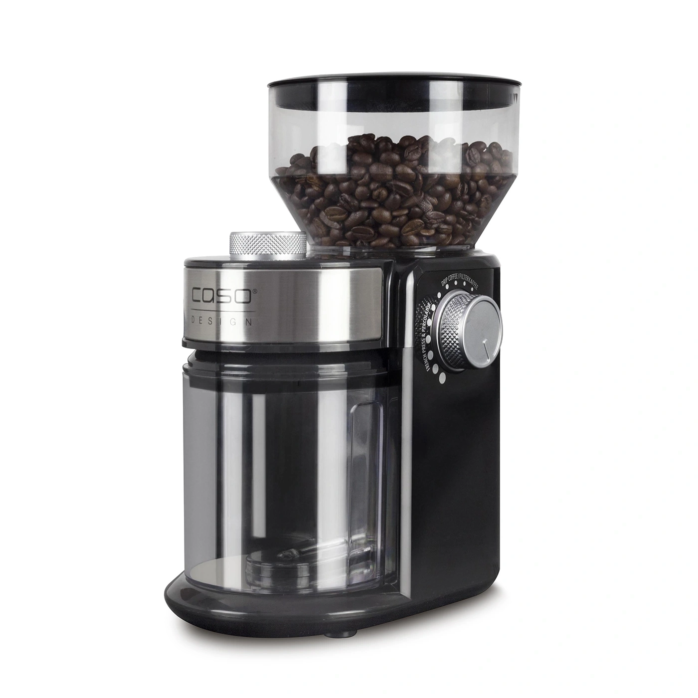 Kaffeemühle mit Bohnen und Einstellrad für verschiedene Mahlgrade