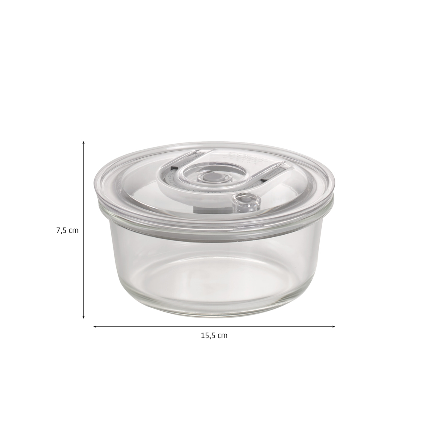 Glass container with lid, 7.5 cm high, 15.5 cm wide, transparent