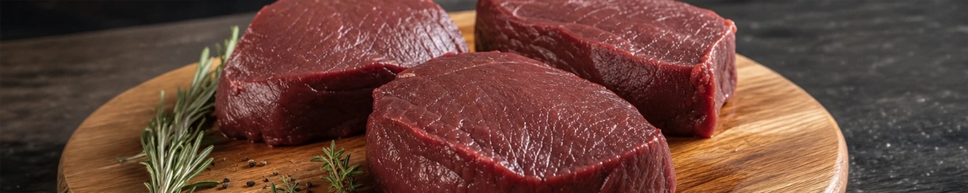 Three raw beef steaks on a wooden plate with rosemary and pepper.