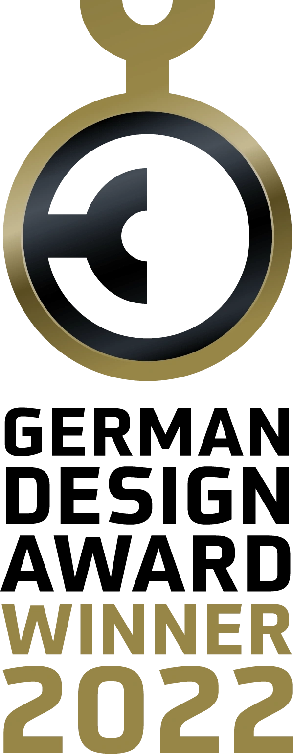 German Design Award Winner 2022 logo, gold design, black text, award badge