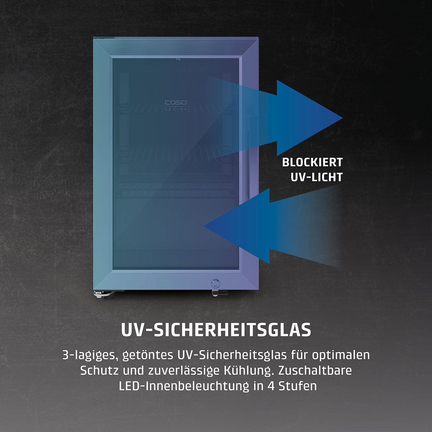 Kühlschrank mit UV-Schutzglas, blockiert UV-Licht, LED-Innenbeleuchtung, 3-lagig, getönt.