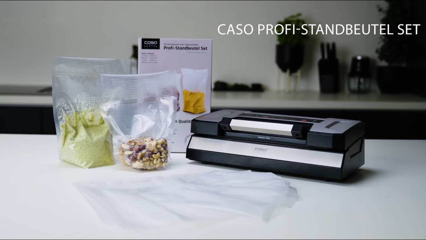 Vakuumiergerät mit Beuteln und Lebensmittel. Caso Profi-Standbeutel Set.